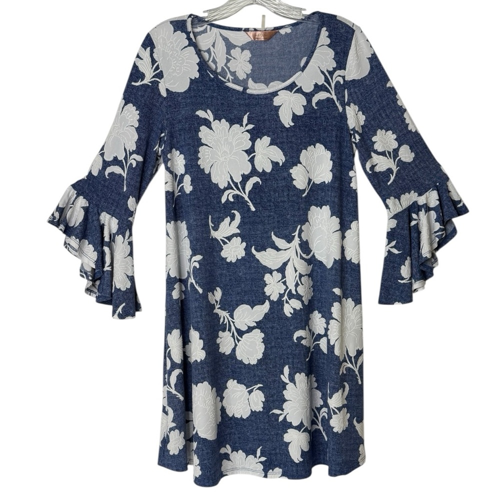 SJS Floral On Blue Faux Denim Style Flounce Sleeve‎ Knee Length Womans L Dress